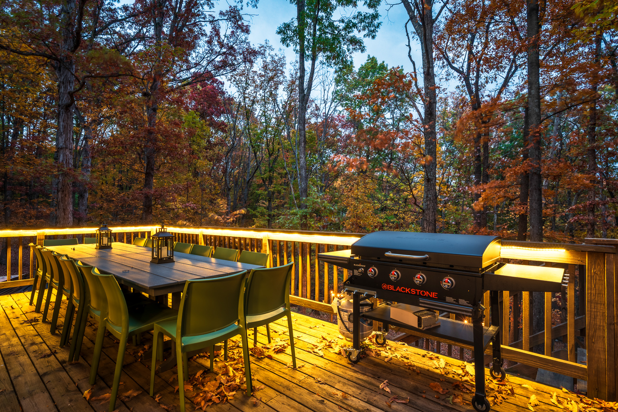 Outdoor dining for the whole crew — lantern-lit dinners in the trees