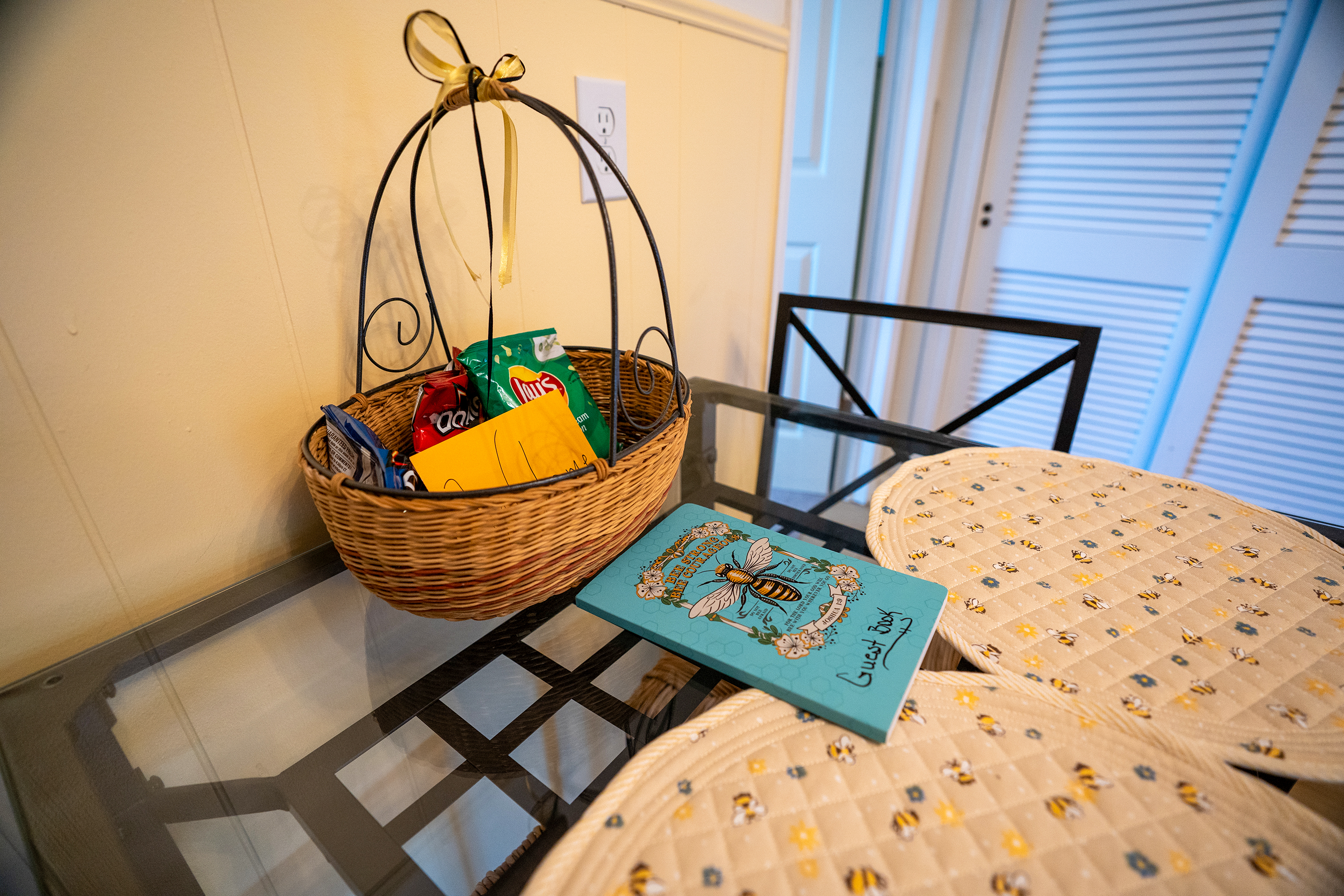 Help yourself to a snack and leave a note in the guest journal—we love hearing about your stay at the Cozy Bee Hive!
