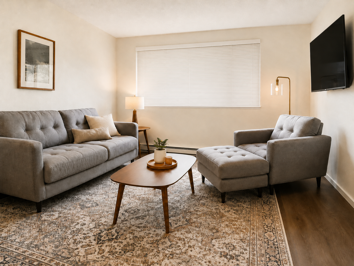Comfortable living room with spacious seating, TV