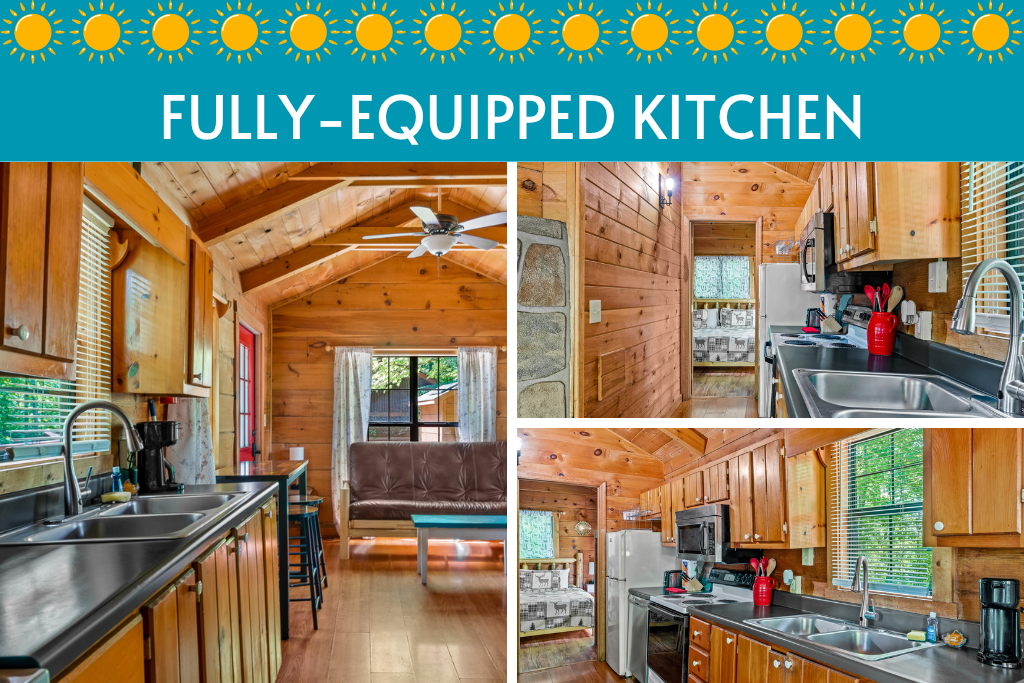 Whip up meals in a fully equipped kitchen with modern appliances, plenty of counter space, and a woodsy cabin vibe.
