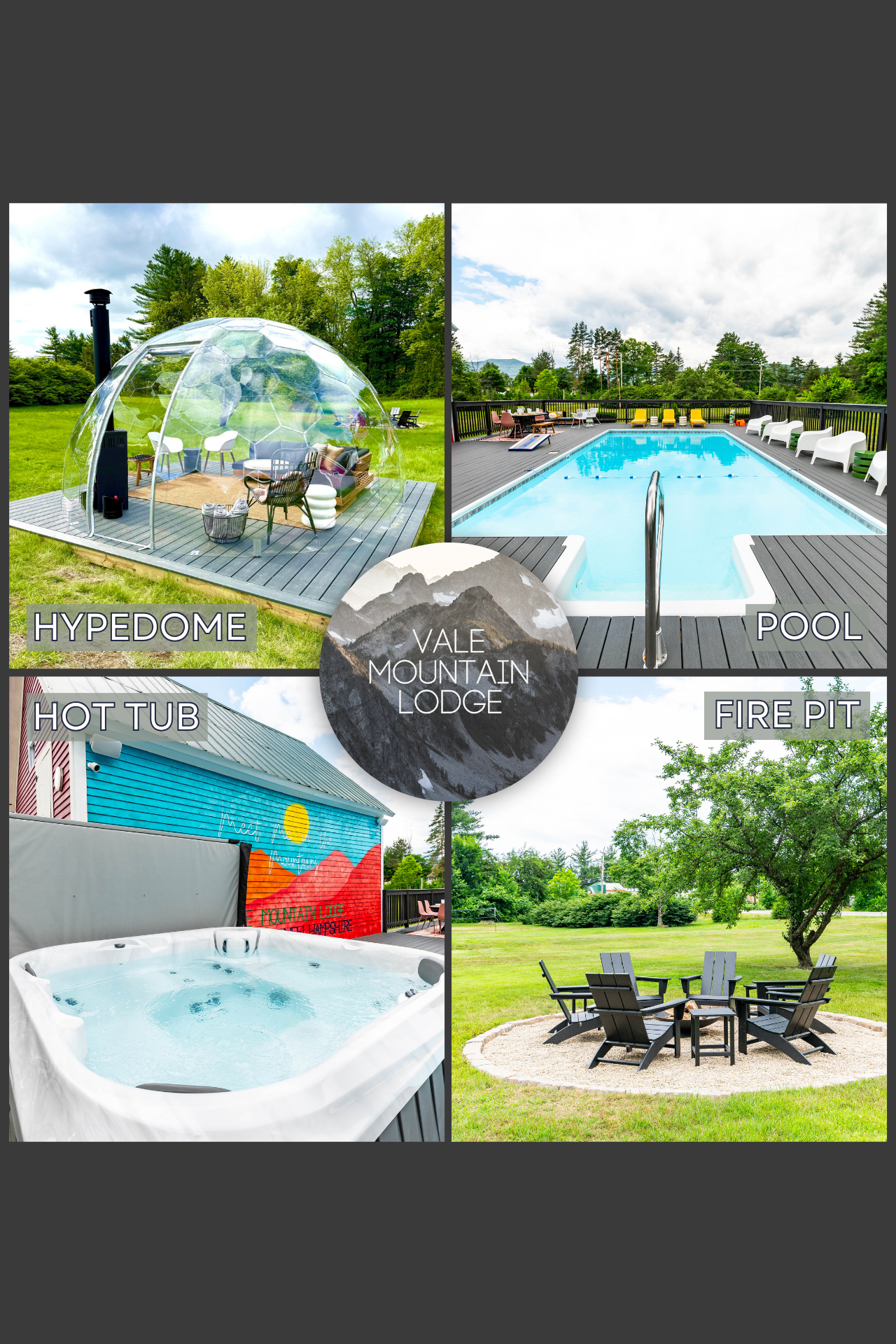 [Exterior, Amenities] Hypedome, inground pool, hot tub, fire pit, indoor bar, and children's playroom.  There's something for everyone at Vale Mountain Lodge.