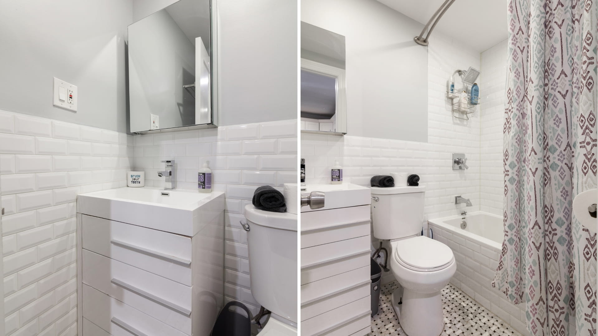 Shower & tub in the bathroom. We supply bath towels, face towels, shampoo, conditioner, and soap wash. We use large size containers to be eco - friendly. 