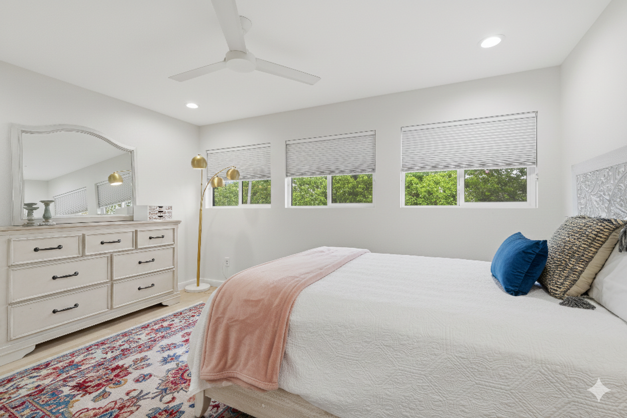 bedroom 1 with ensuite bathroom and queen bed, dresser, black out curtain