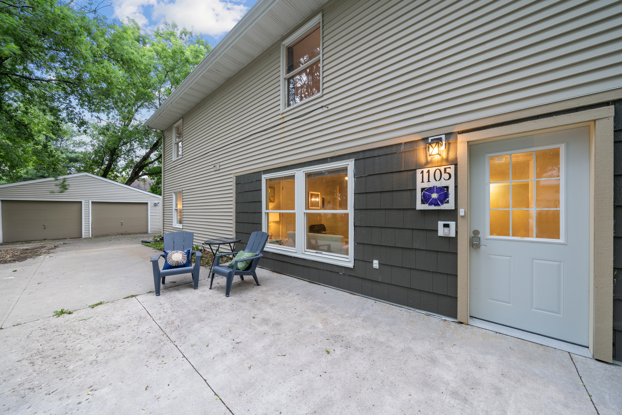 The exterior patio area and entrance to Morning Glory Apartment. There is a 36" wide door for wheelchair accessibility.