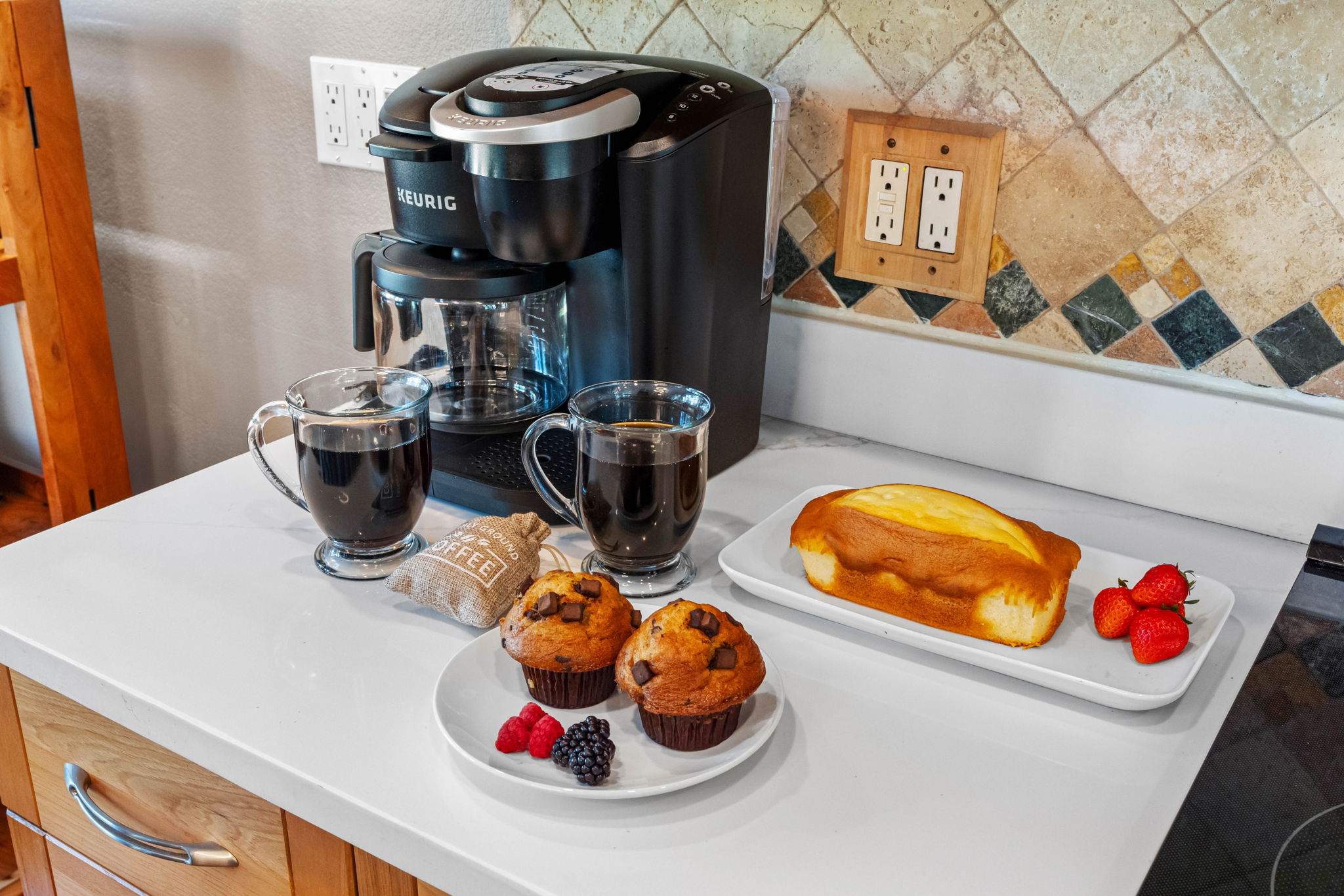 From the coffee station to the neatly organized appliance shelf, this kitchen is designed with everyday convenience in mind.