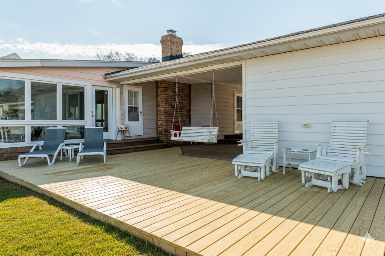 Deck Paradise: Relax on the spacious deck with swings and seating, perfect for sunset views!
