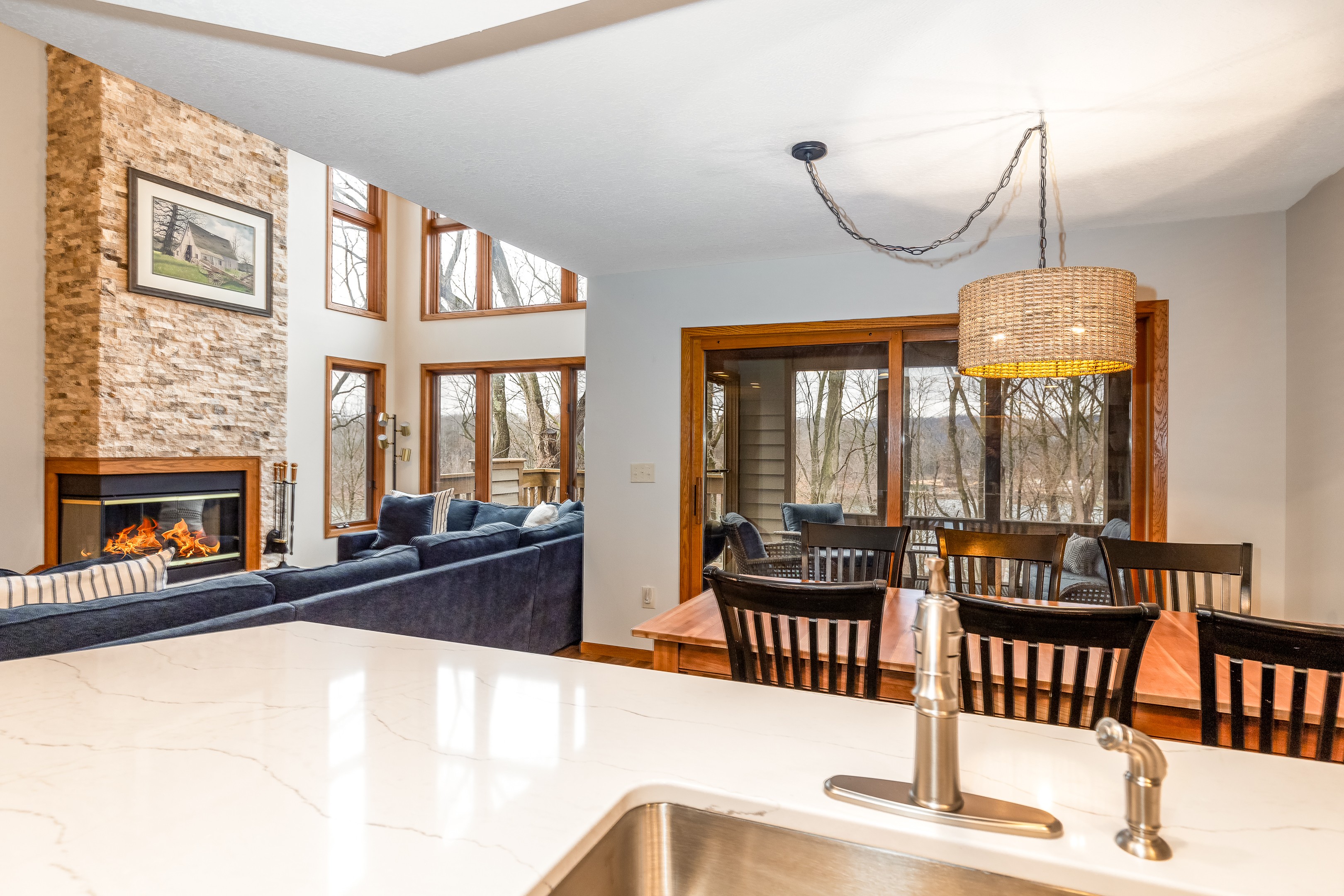 Looking out from the kitchen to the dining area and living room 