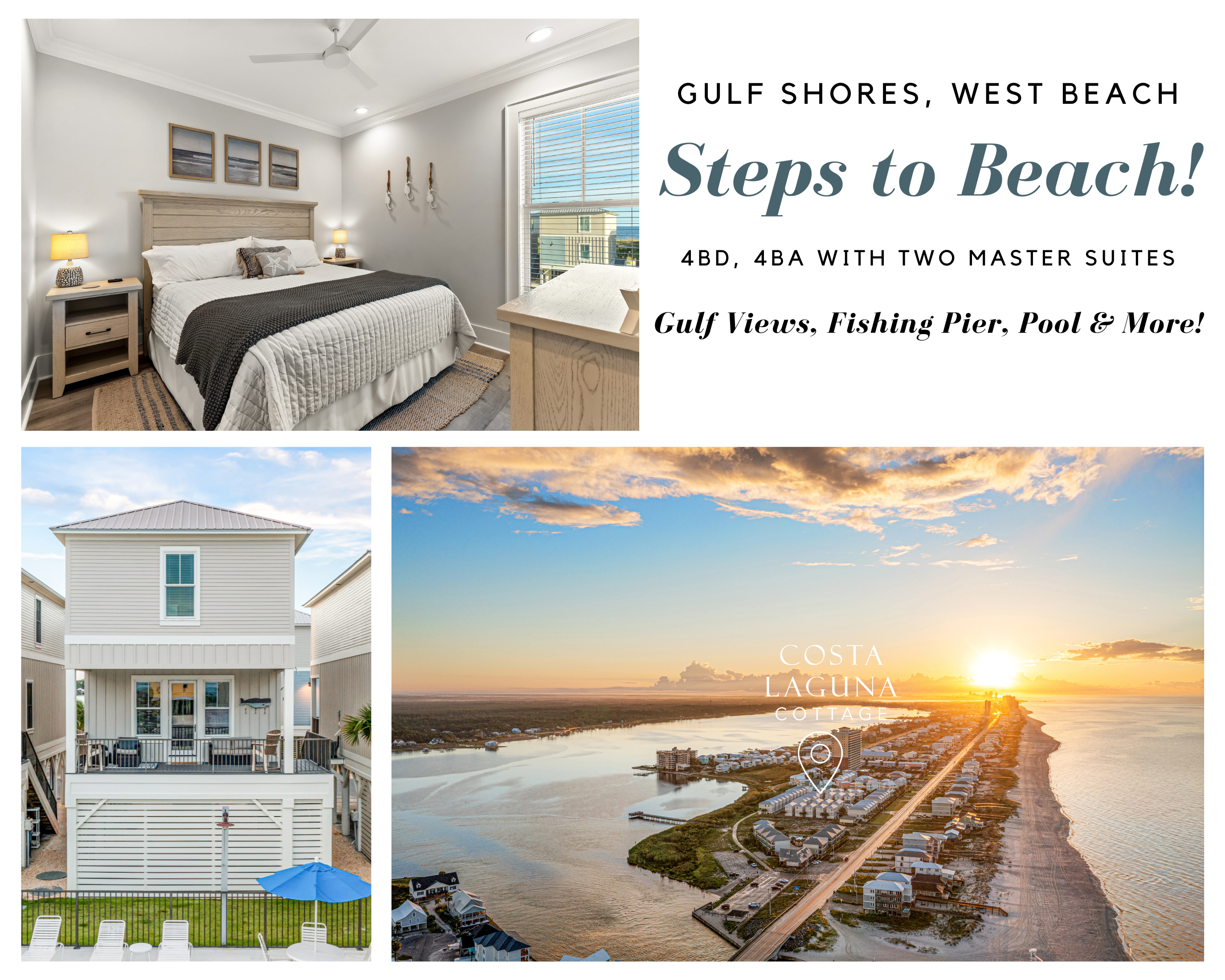 4 bed, 4 ba private cottage in West Beach, Gulf Shores. Steps to beach, pool, fishing pier & much more!