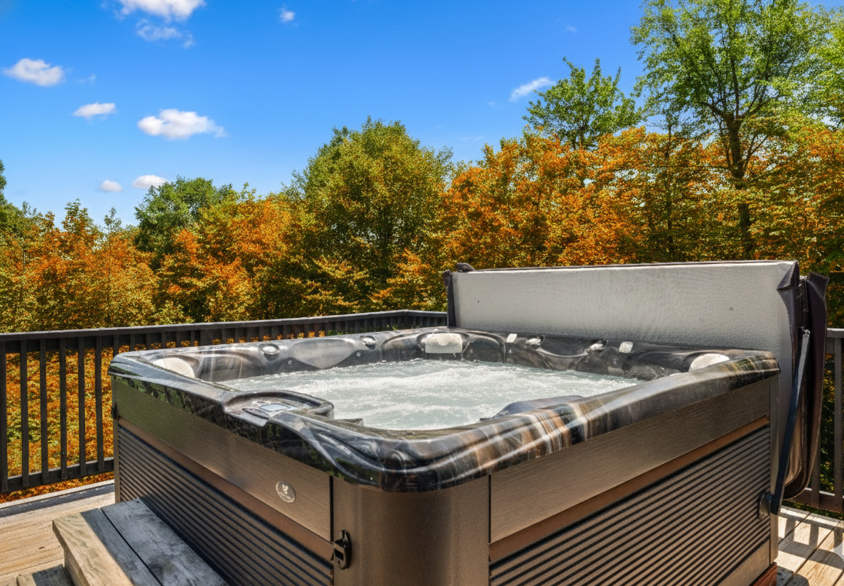 Unwind in the private hot tub while enjoying breathtaking mountain views and vibrant seasonal colors from the deck.