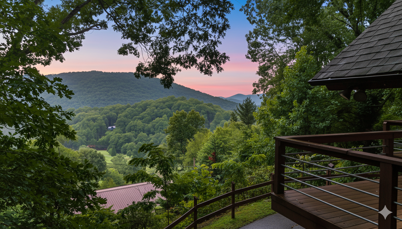 Mountain twilight view from a wooden deck, framed by trees.