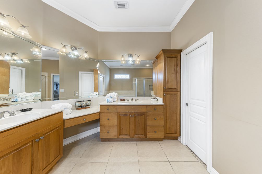 Primary bathroom with long double-sink vanity