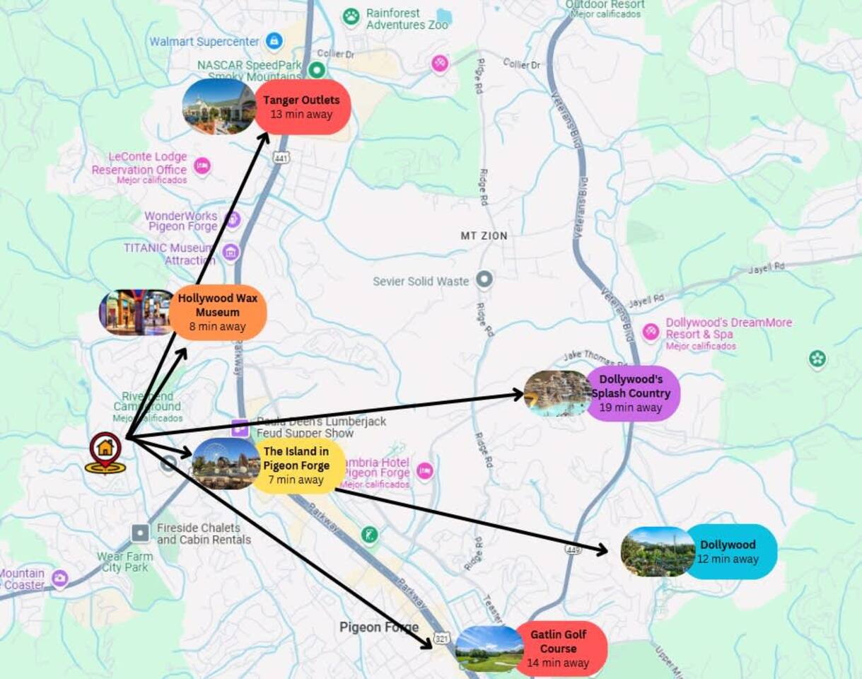 This custom map highlights a property’s prime location in Pigeon Forge, just minutes from top attractions!