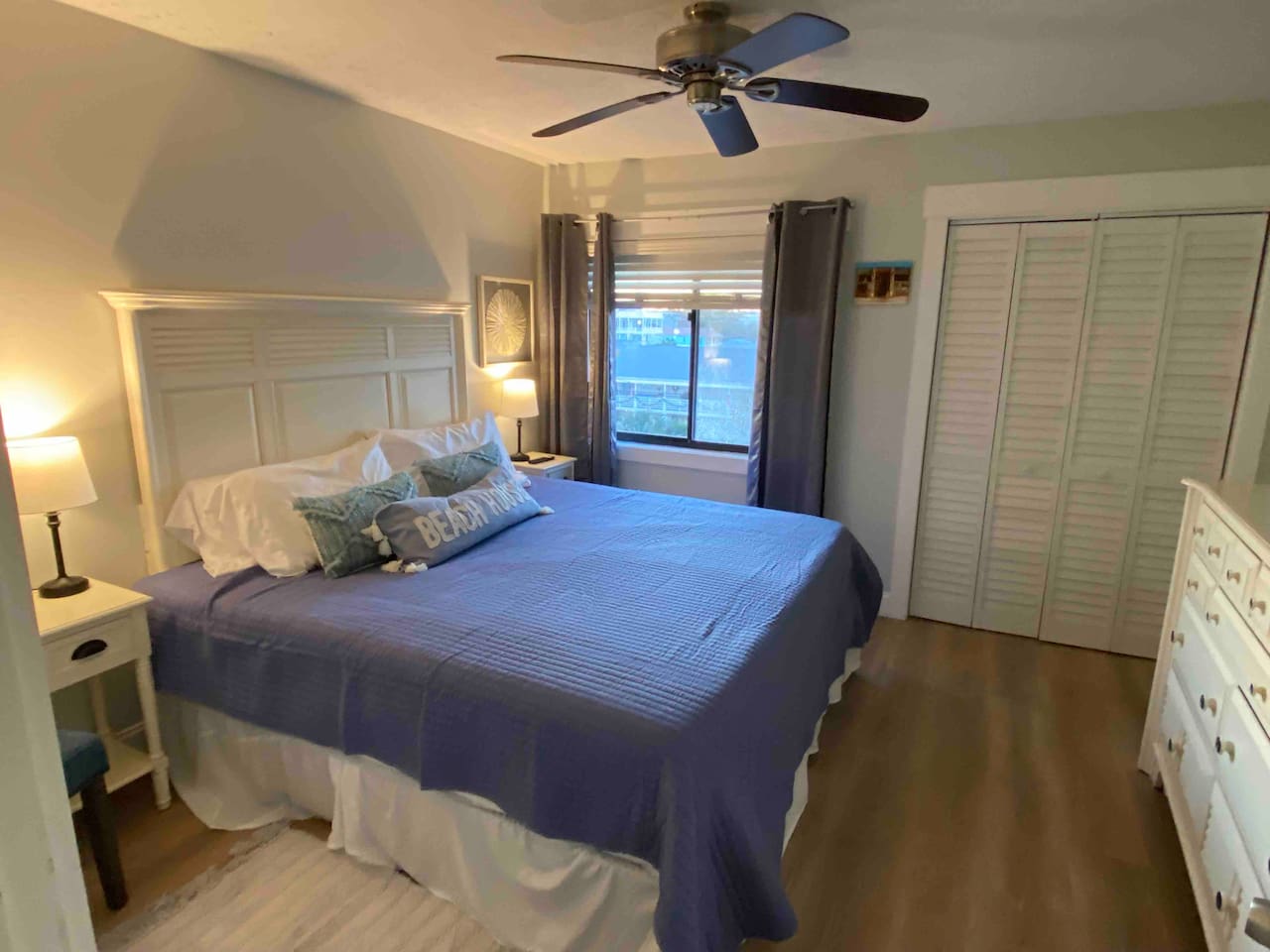 Cozy king bed with new mattress. 