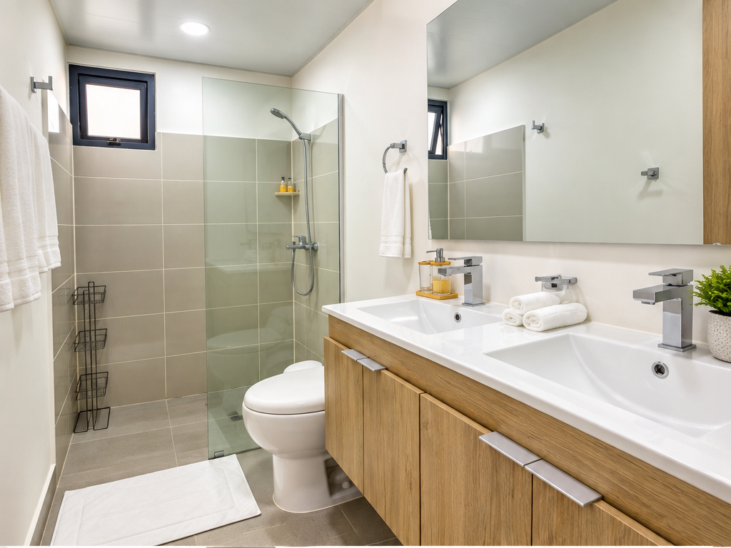 Private ensuite bathroom off the primary bedroom with a double vanity and spacious walk-in shower. 🚿✨