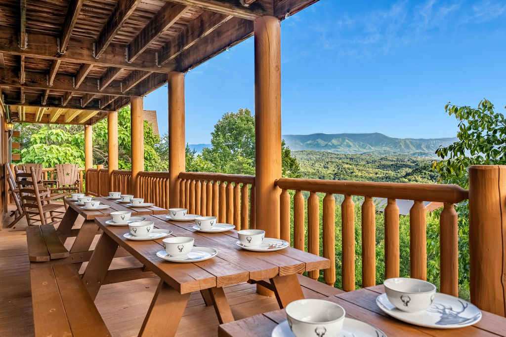 Share meals at the farmhouse-style table that seats 18 comfortably