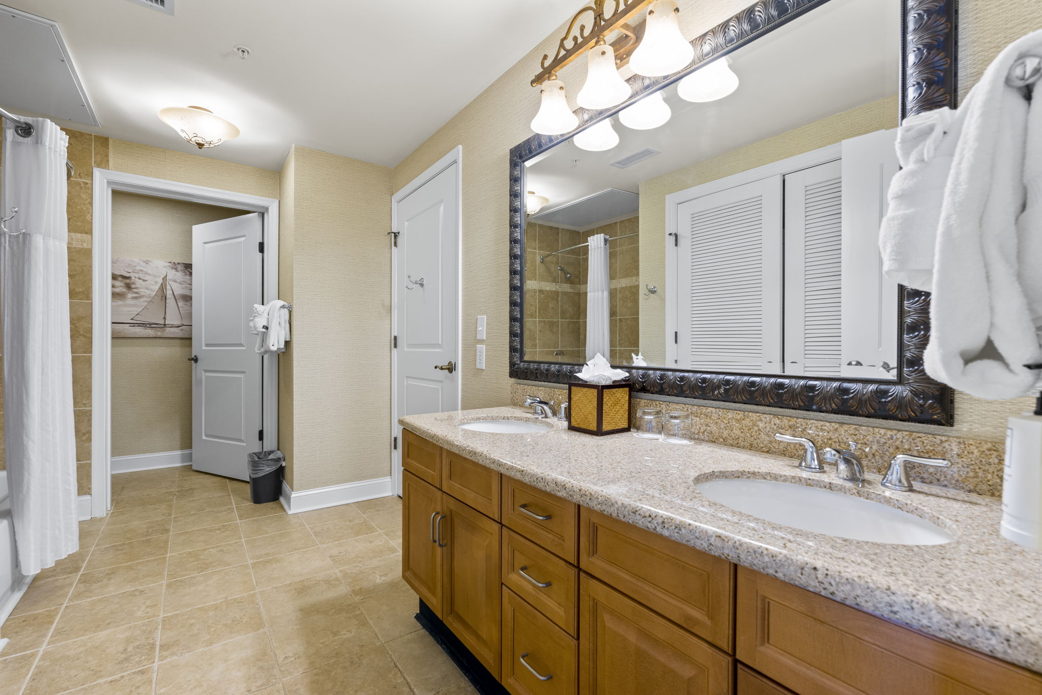 Master Bathroom with Shower and Bathtub, dual vanities and separate toilet room