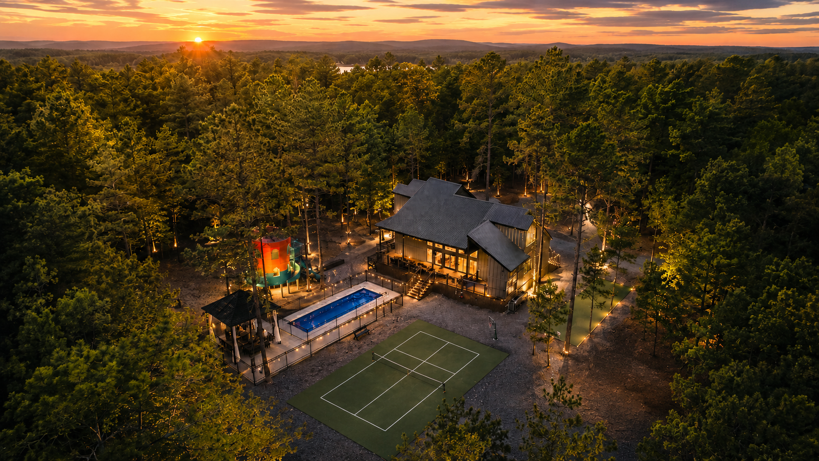Outdoor Paradise: Serenity awaits with stunning views, a sparkling pool, and fun in the woods!
