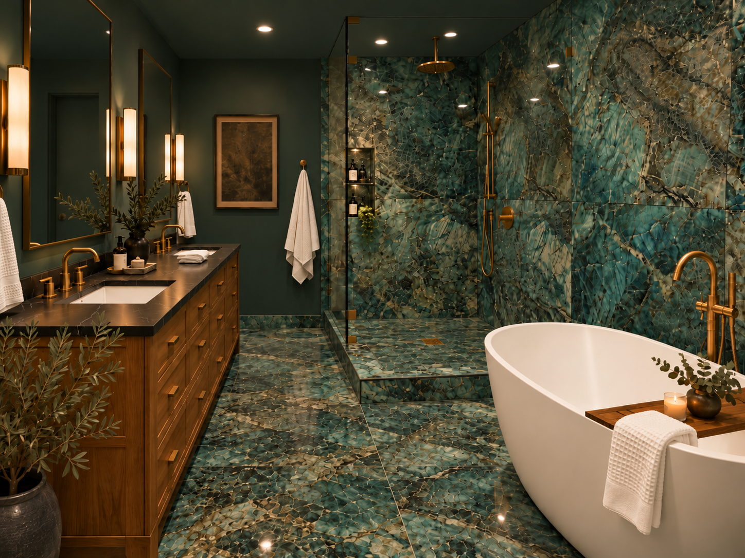 {Bathroom 1} The bunk room ensuite is its own little jewel box — a cozy spot for a long bath with a freestanding soaking tub, dramatic green stone, and warm brass finishes.