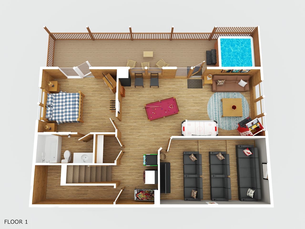 Lower Floor Layout- king bedroom and full bathroom, movie theater room, and game room with arcades, pool table, air hockey, jukebox, extra fridge, TV, and the porch with private hot tub