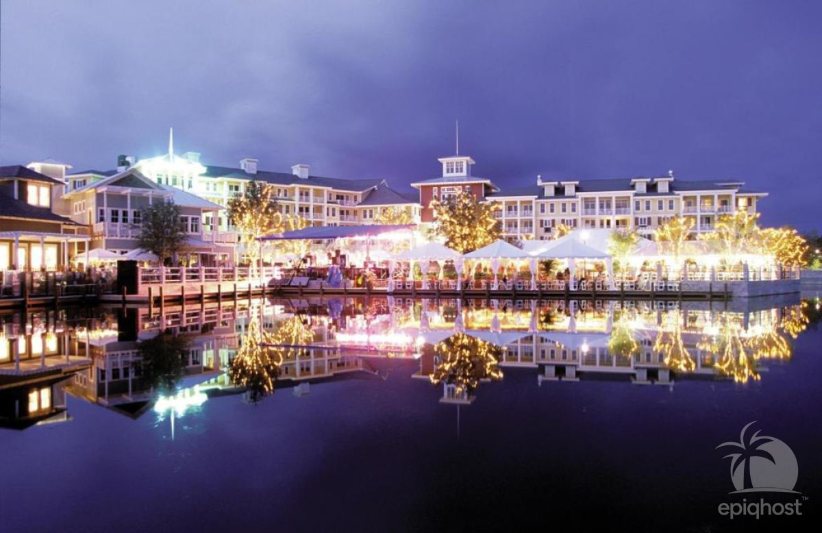 Baytowne Wharf at night — restaurants, shops, and live entertainment