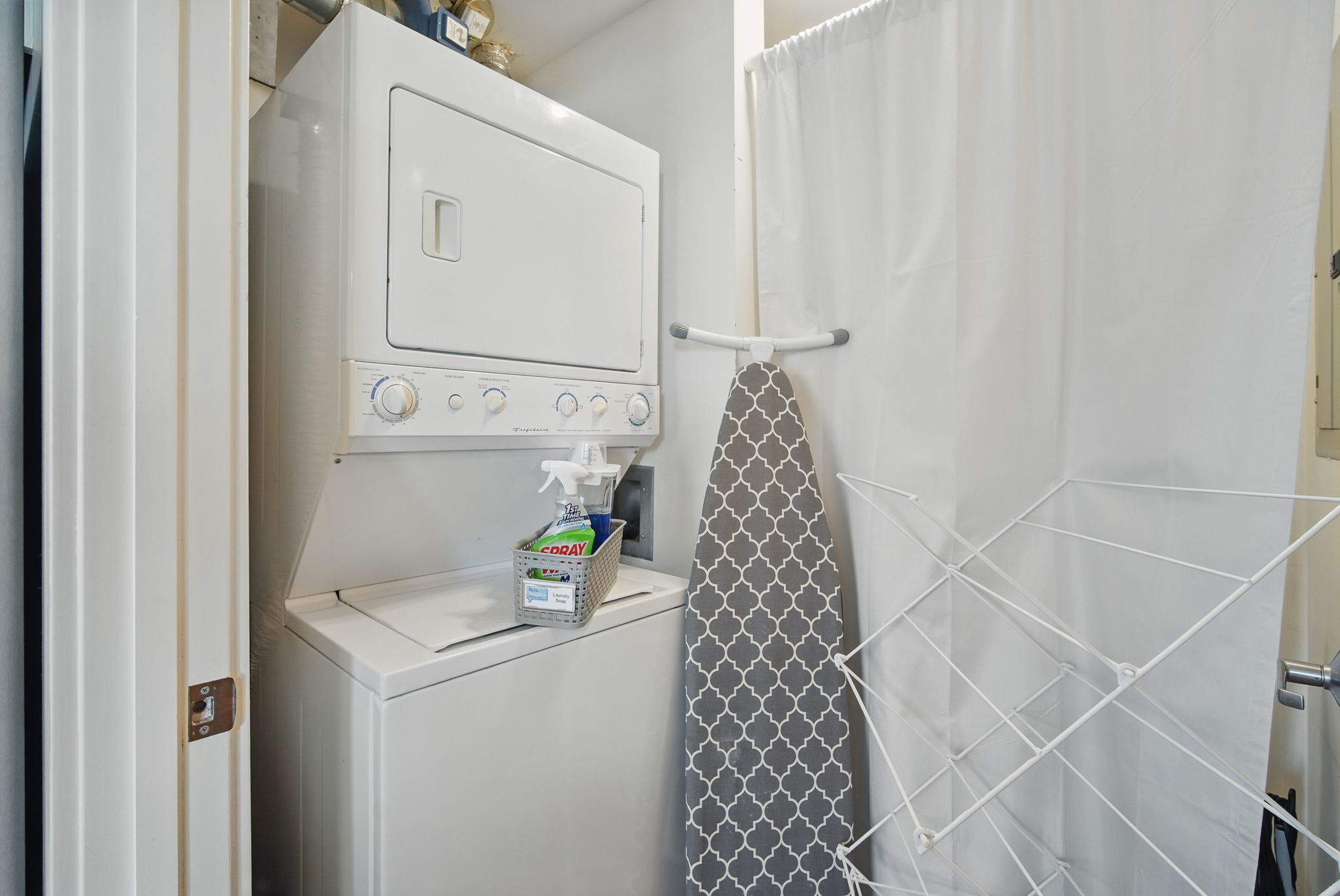 Enjoy the convenience of in-unit laundry with a stacked washer/dryer, ironing board, and drying rack—ideal for longer stays.