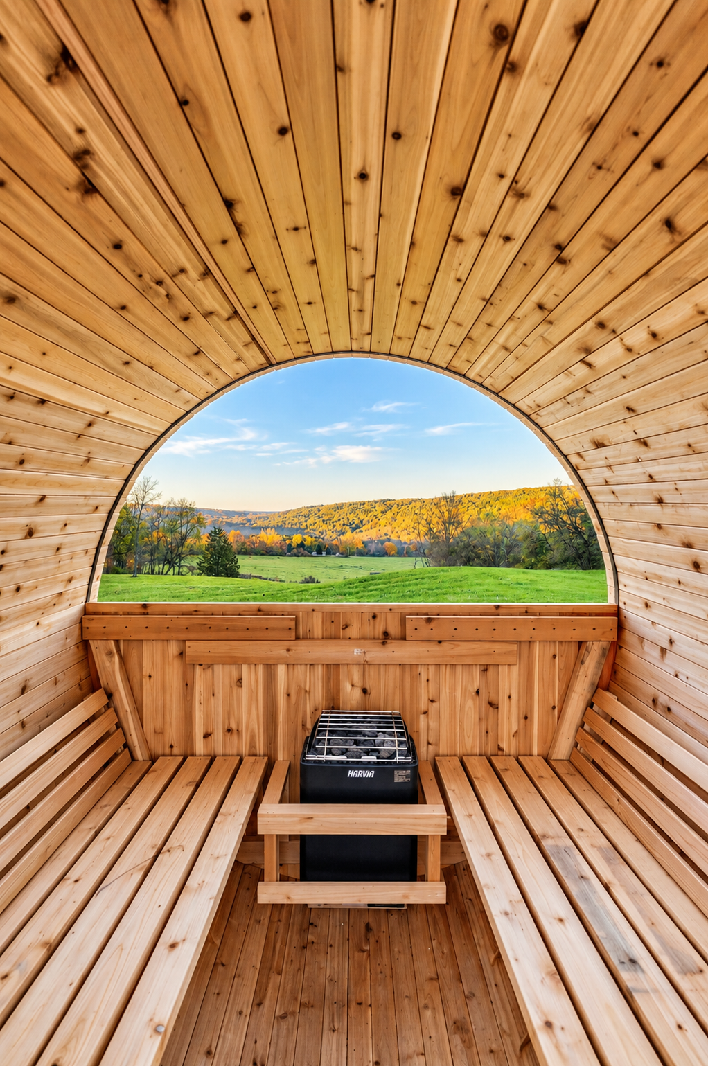 Interior sauna with wooden benches and heater