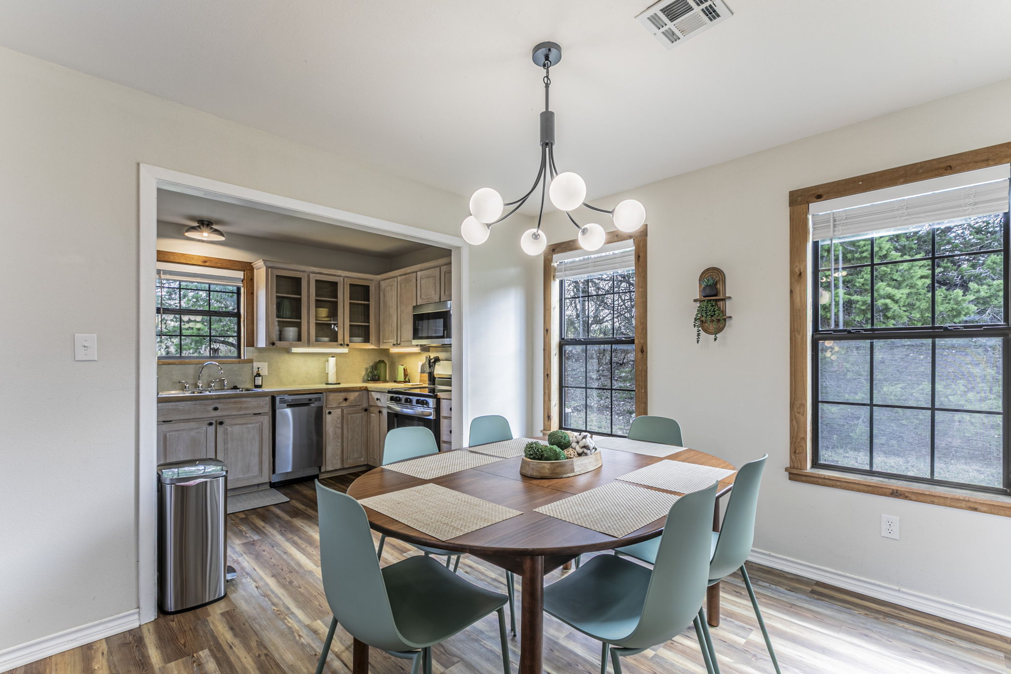 Dining area seats six.