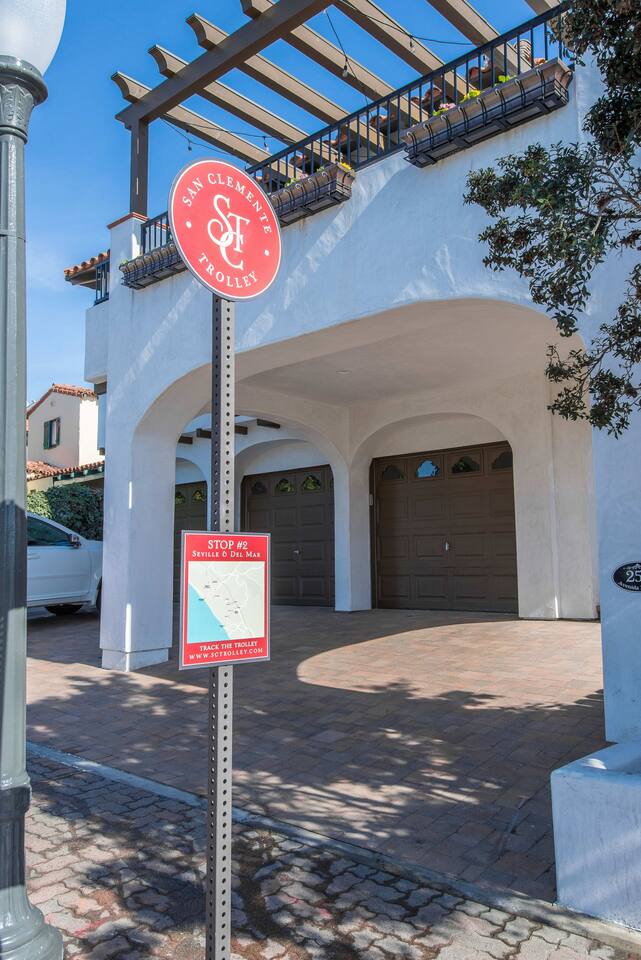 The free city trolley picks up steps from the condo