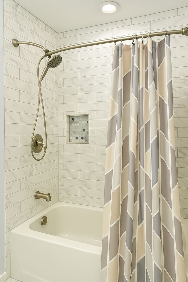 A clean, modern walk-in shower with fresh tile and simple design — ideal for refreshing after a day exploring Raleigh. (intentional repeat, slightly reworded) 