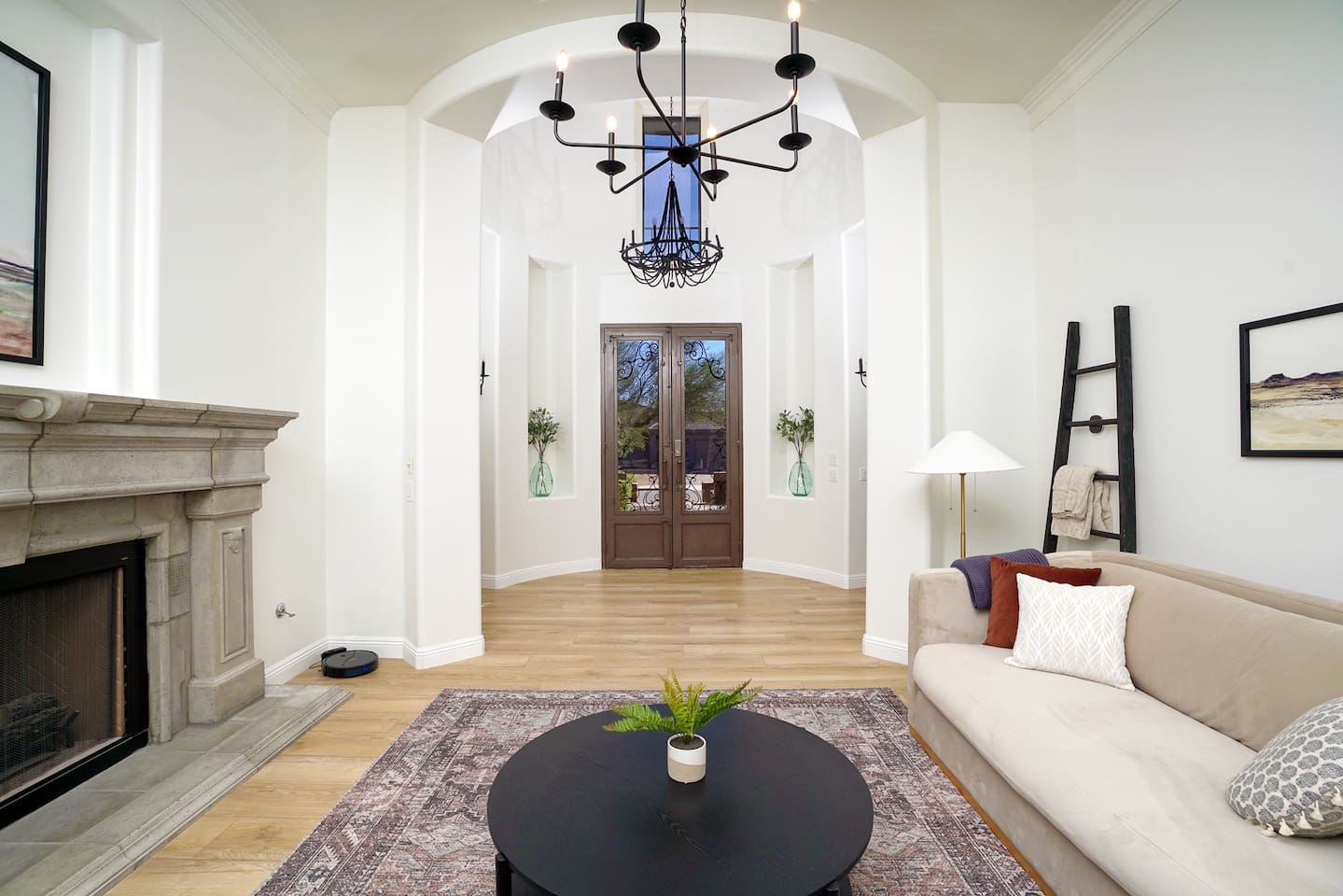Entry to the estate, a nice sitting area with gas fireplace to get cozy and read or relax.