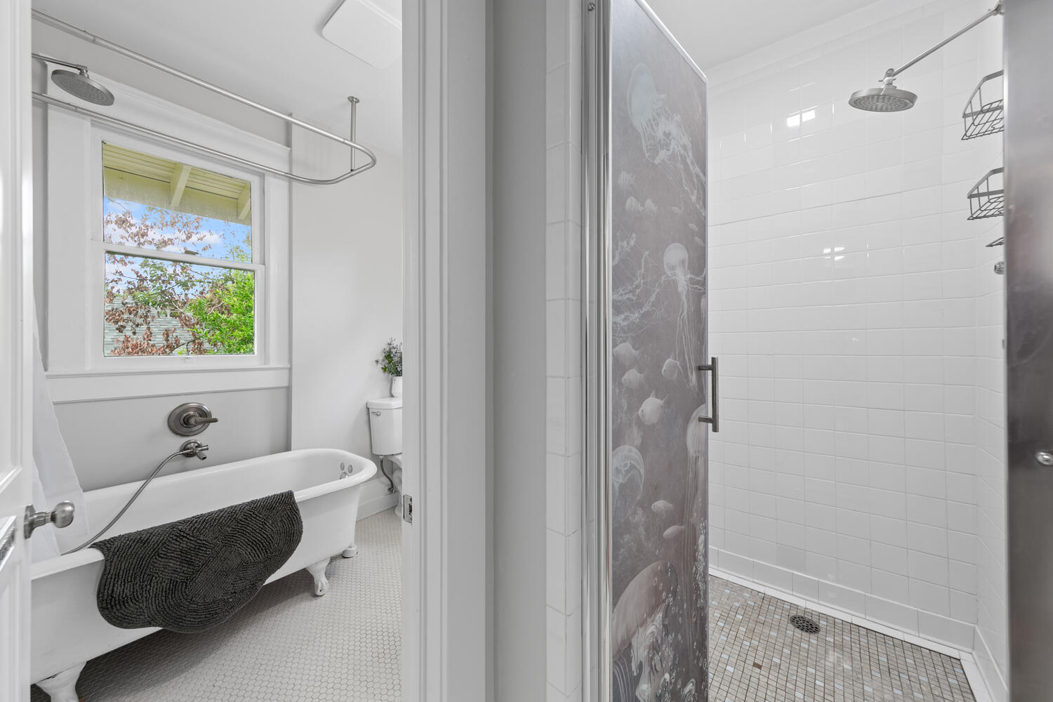 Bath/shower combo and separate shower room are both shown here.