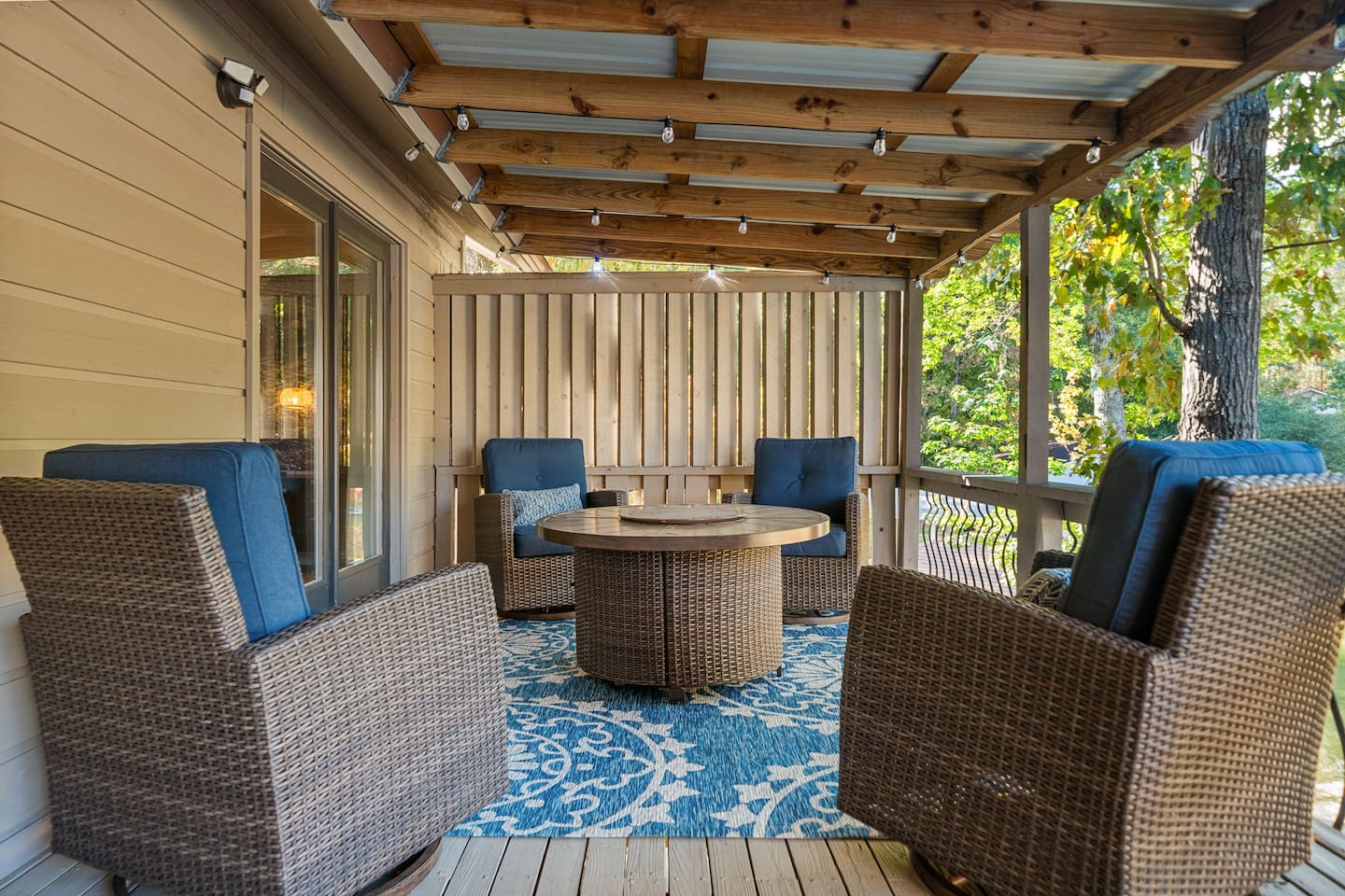 These Swivel Chairs are at the other end of the Upper Deck outside of the Primary Suite and the Table is a Fire Pit!