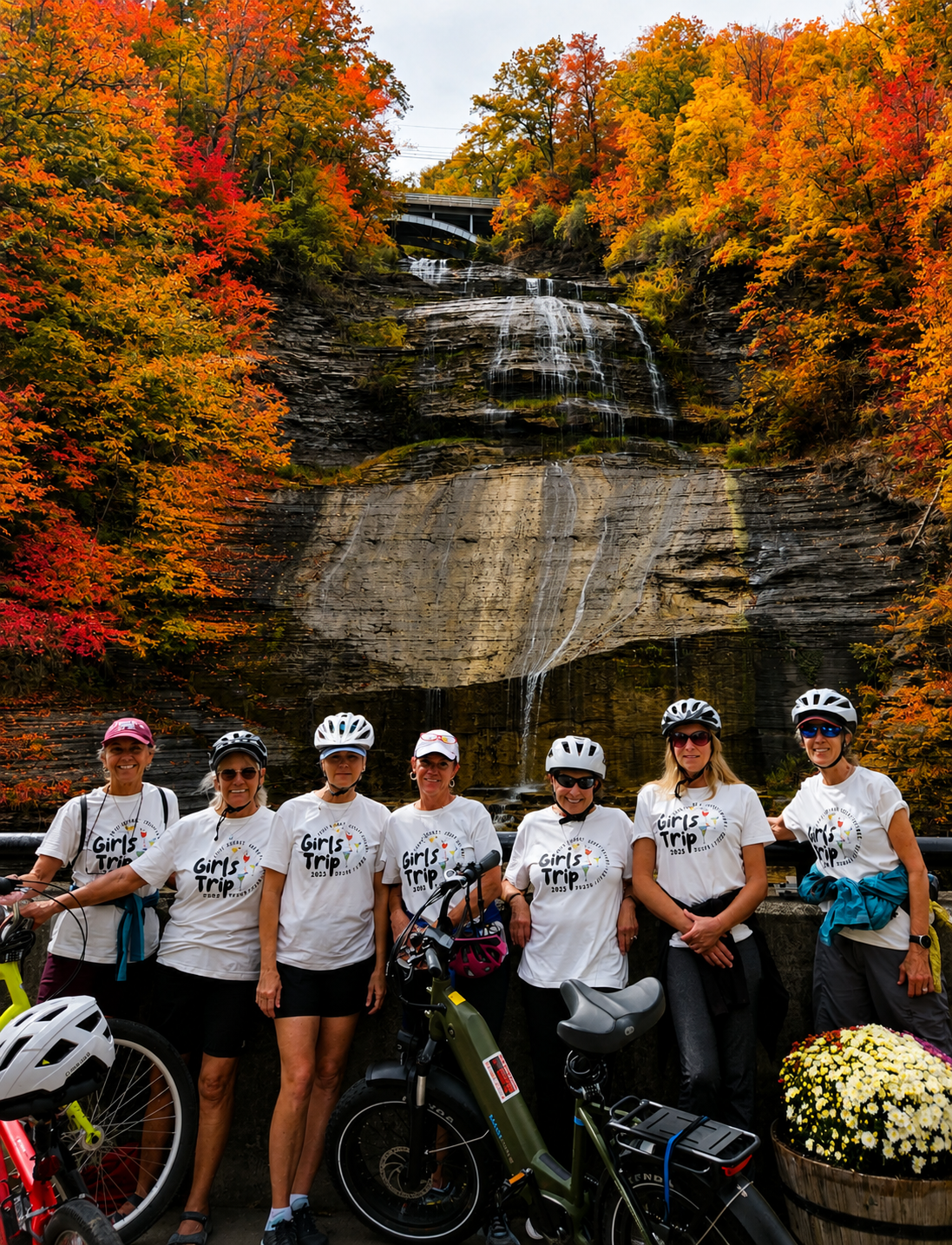 Friends biking near a Finger Lakes waterfall