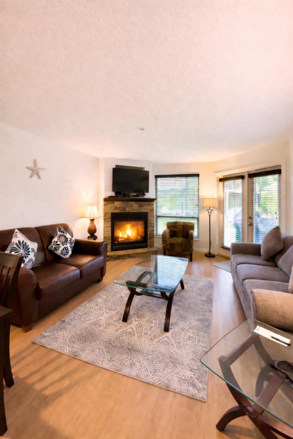 Unit A. Streaming TV. Natural Gas fireplace. Double Glass doors to a private covered deck. AC Unit. Queen sofa pull-out plus ample comfortable seating.