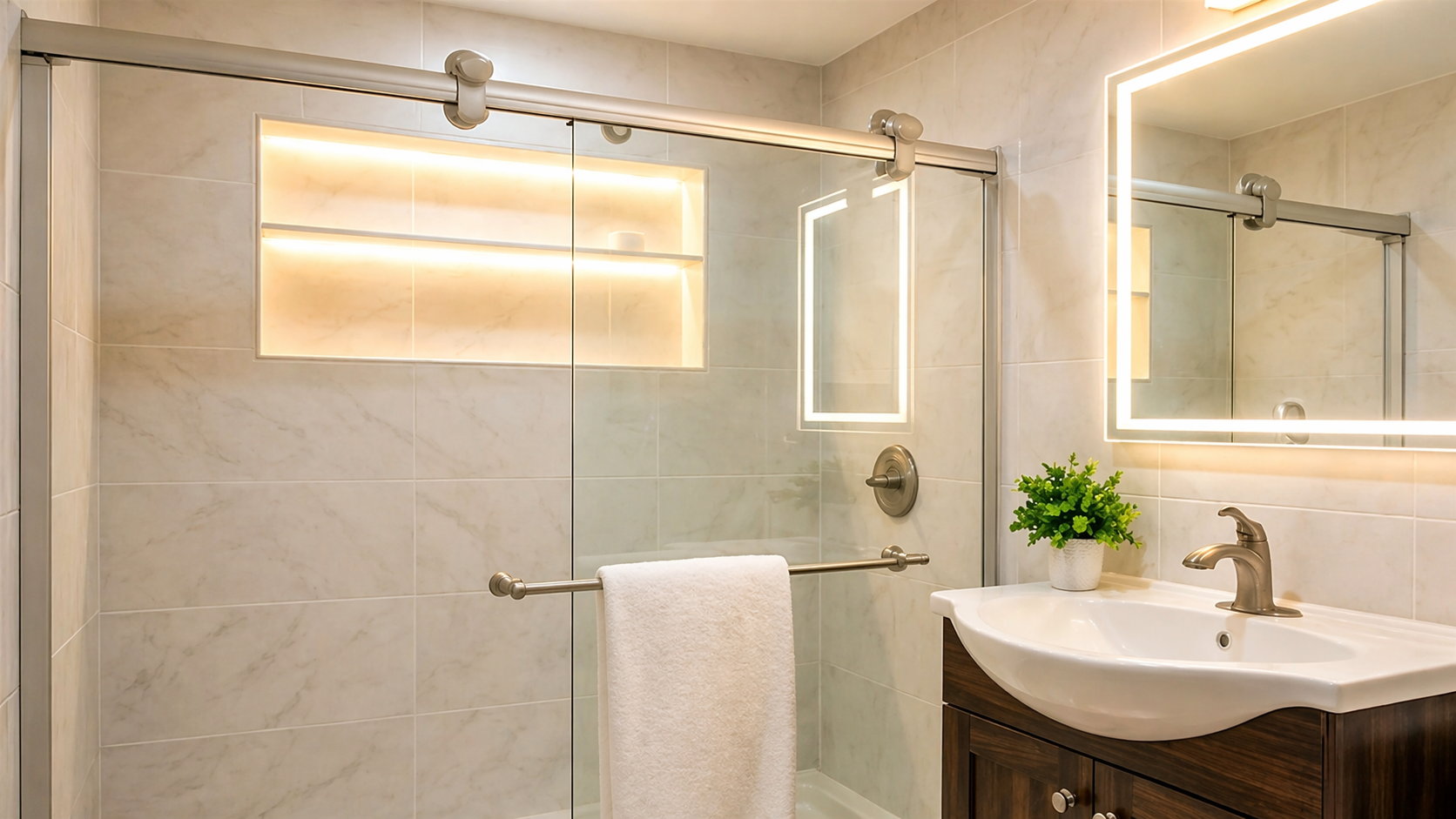 Bathroom 2 - Modern bathroom with large walk-in shower and dual vanity mirrors