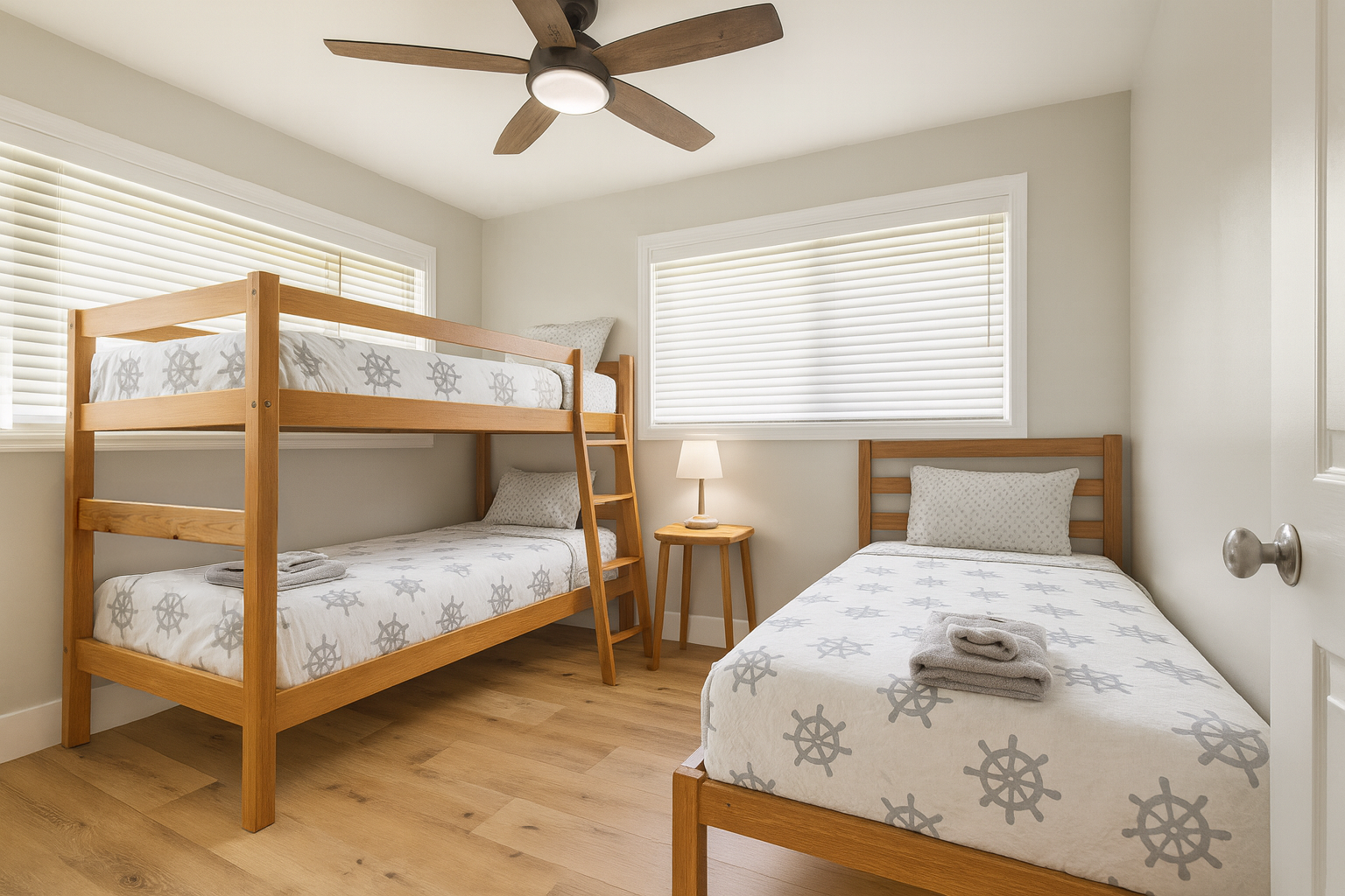 Twin over Twin Bunk + Twin Bed | Representative Interior. Finishes and decor vary by Unit