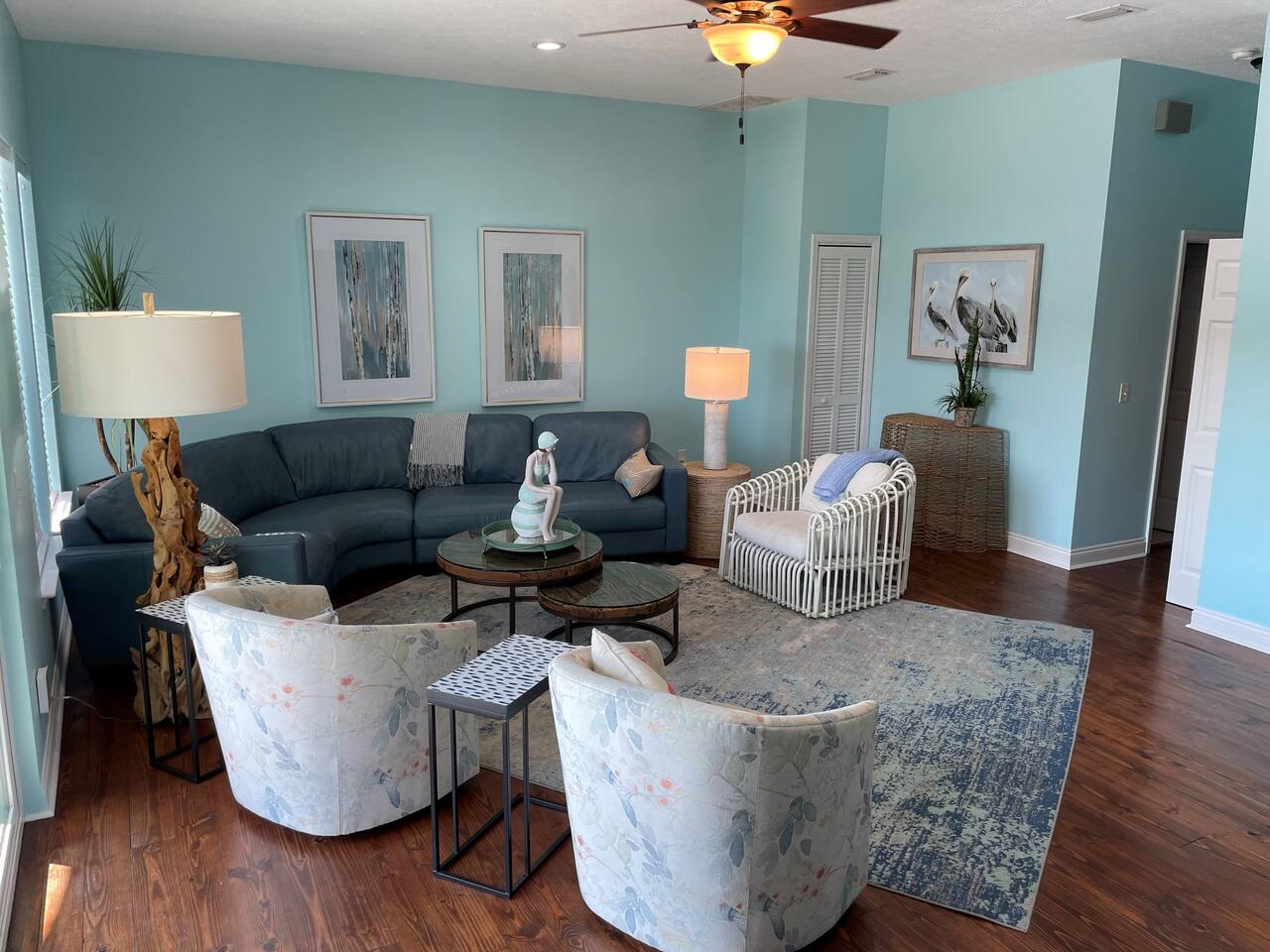Another view of the newly renovated living room.  The open door at the back is the washer and dryer closet.