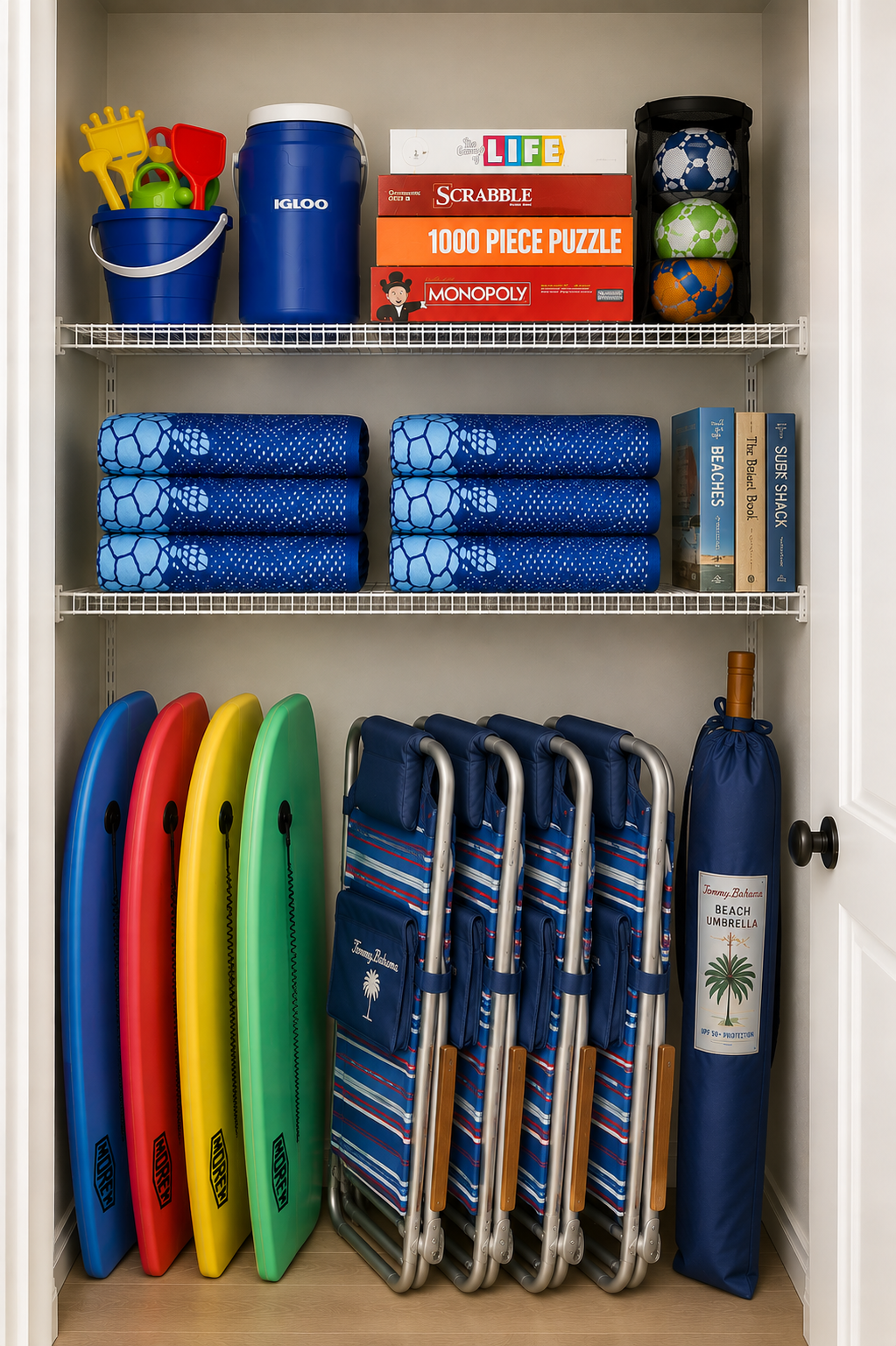 Beach chairs, boogie boards, sun umbrella, beach toys, and board games