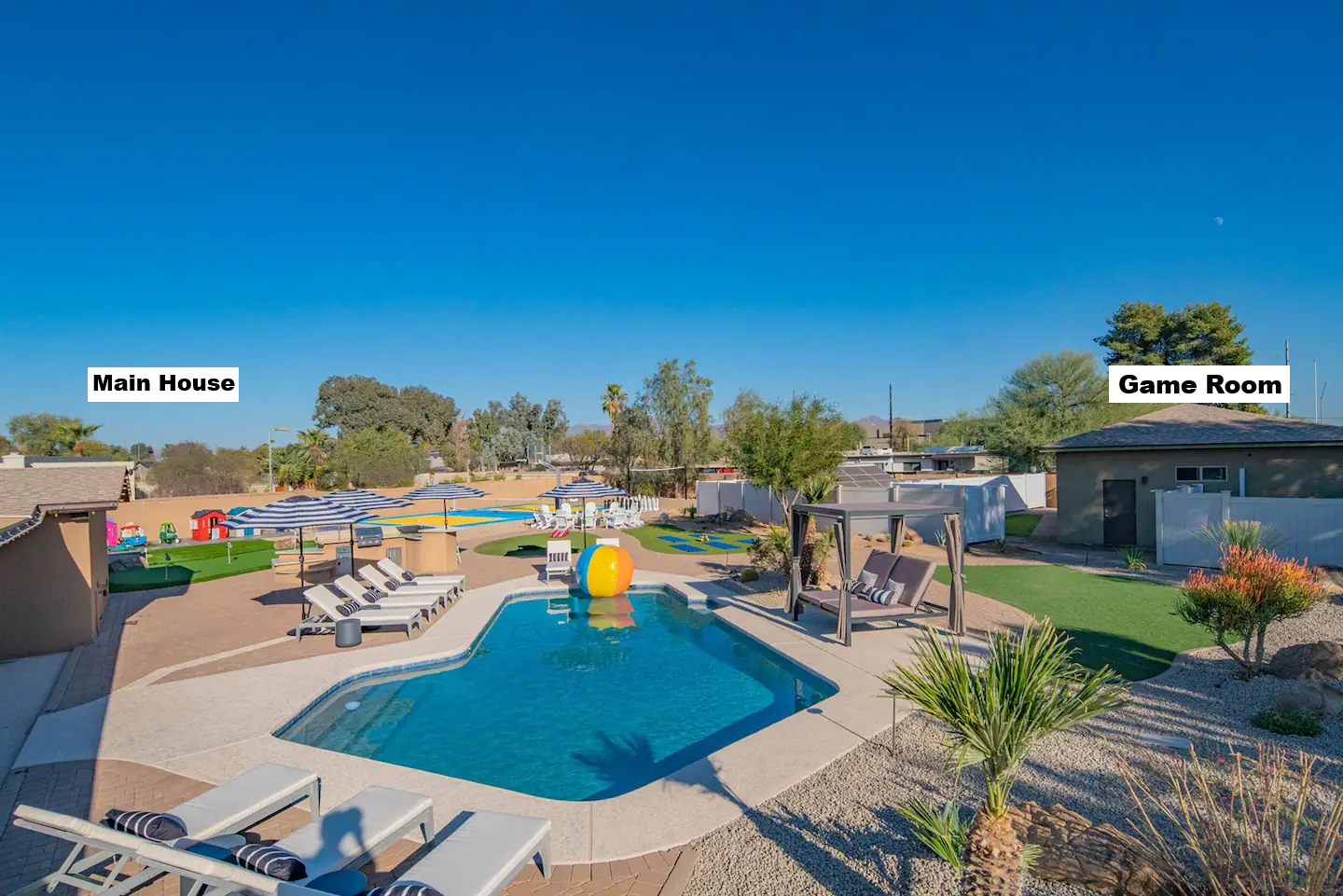Heated pool, pickleball, volleyball, bowling, grill, and kids’ play area — a private resort in Scottsdale.