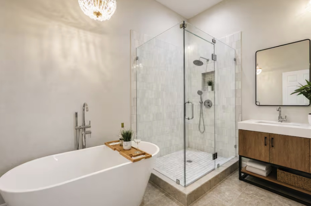Relax and unwind in this spa-inspired bathroom featuring a deep soaking tub, elegant chandelier lighting, and calming modern décor designed for a luxurious retreat experience.