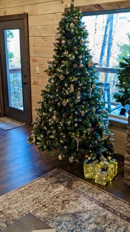The cabin is decorated for the holidays - main floor living room