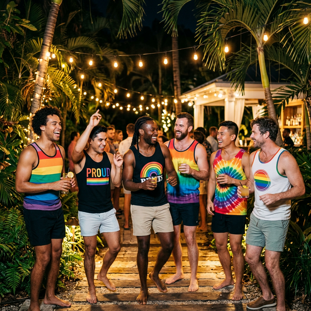 Diverse group of men laughing and dancing in a tropical Florida garden at night