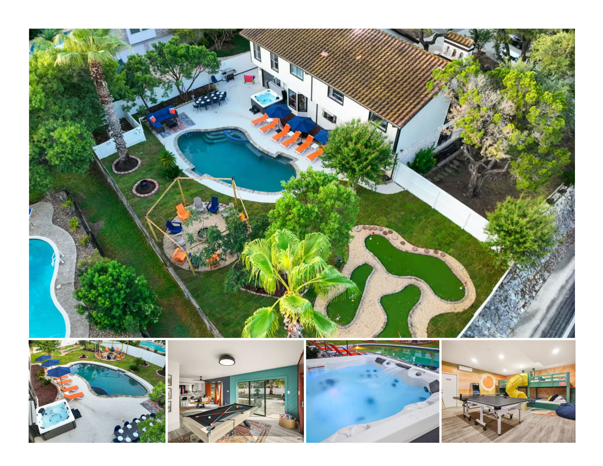 End your day in the warm, bubbling hot tub as the backyard opens around you—resort-style pool, fire pit lounges, mini-golf, and plenty of space to unwind. Inside, enjoy a lively game room with ping pong plus a separate pool table room for even more fun.