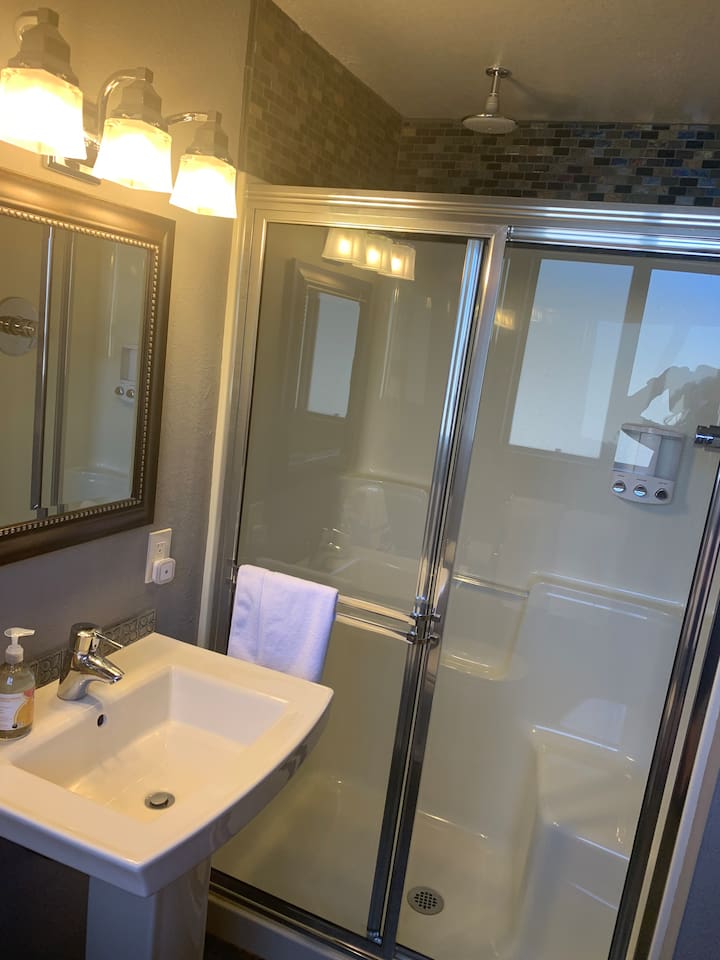 This shower has the rain feature! We use dispensers for shampoo, conditioner, and shower gel to do our part to reduce plastic waste. 