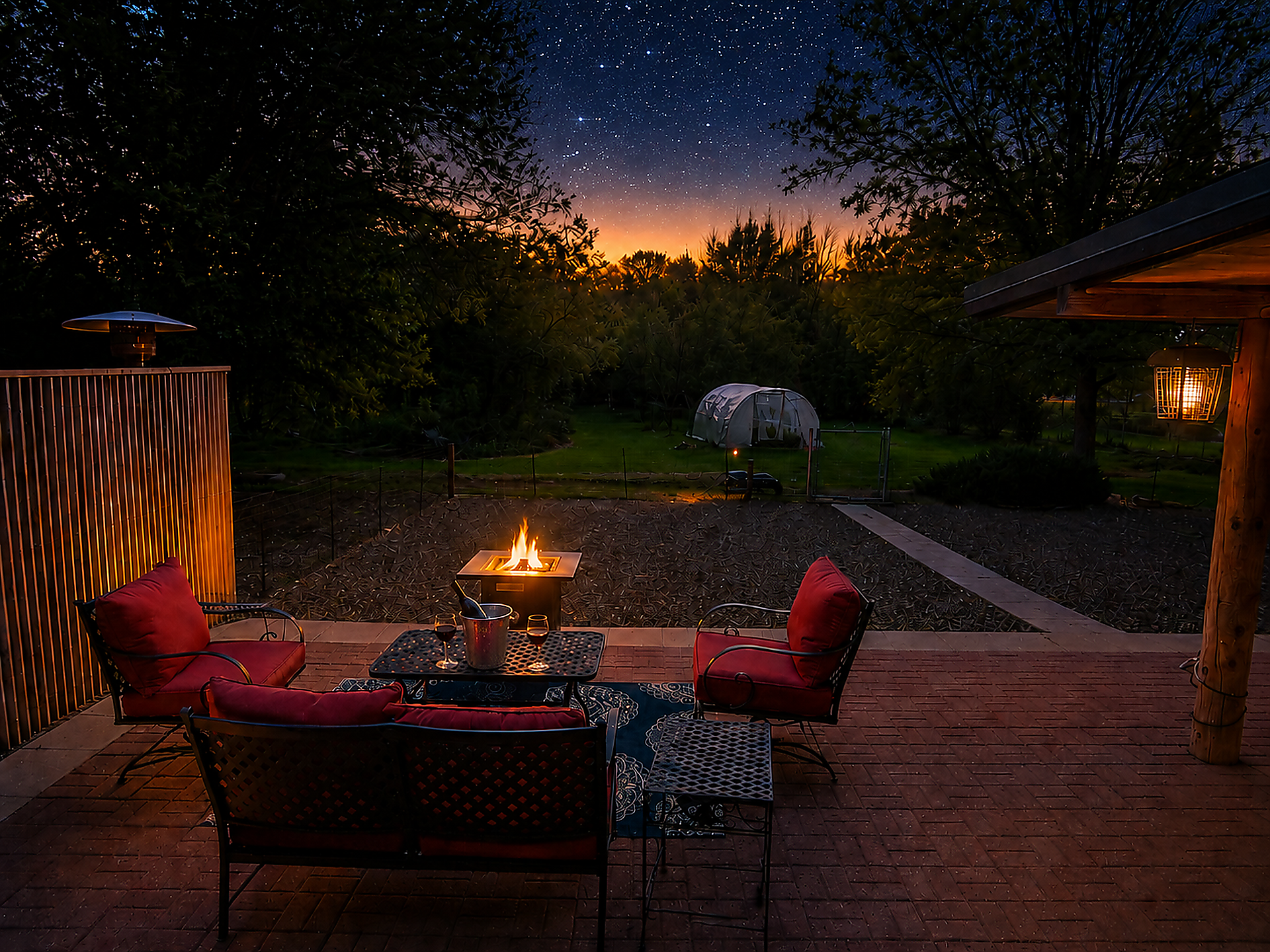 Outdoor seating - open night sky with a gas firepit, wine