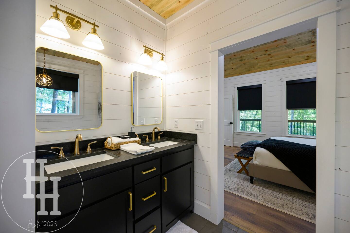 Master bathroom with barn door entry into the master bedroom