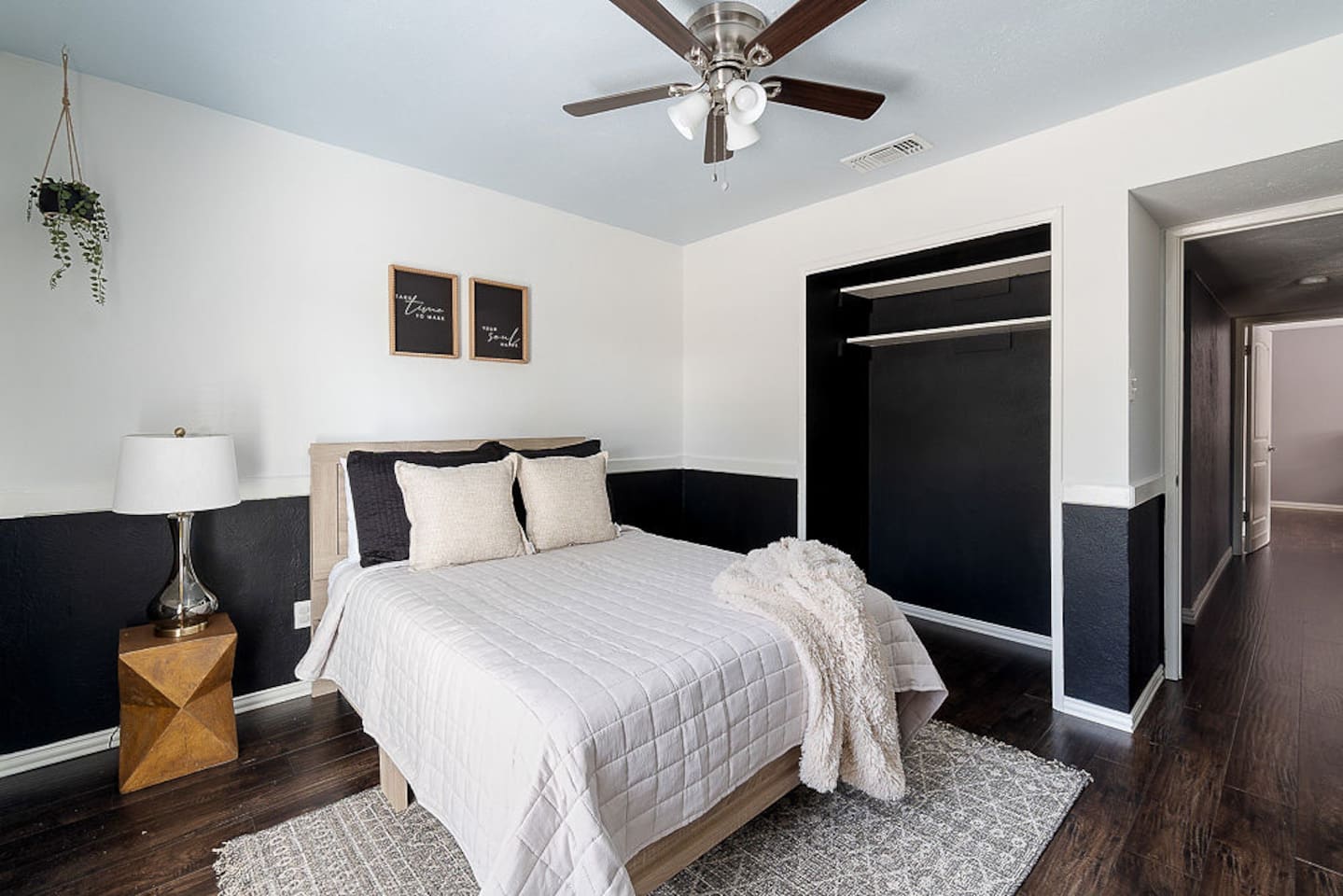 Enjoy this serene bedroom with a queen-size bed, nightstand, lamp and personal TV for your ultimate relaxation
