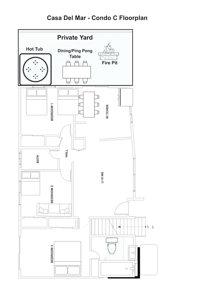 Here is the floorplan for this 3-bedroom / 2 bathroom condo with private yard