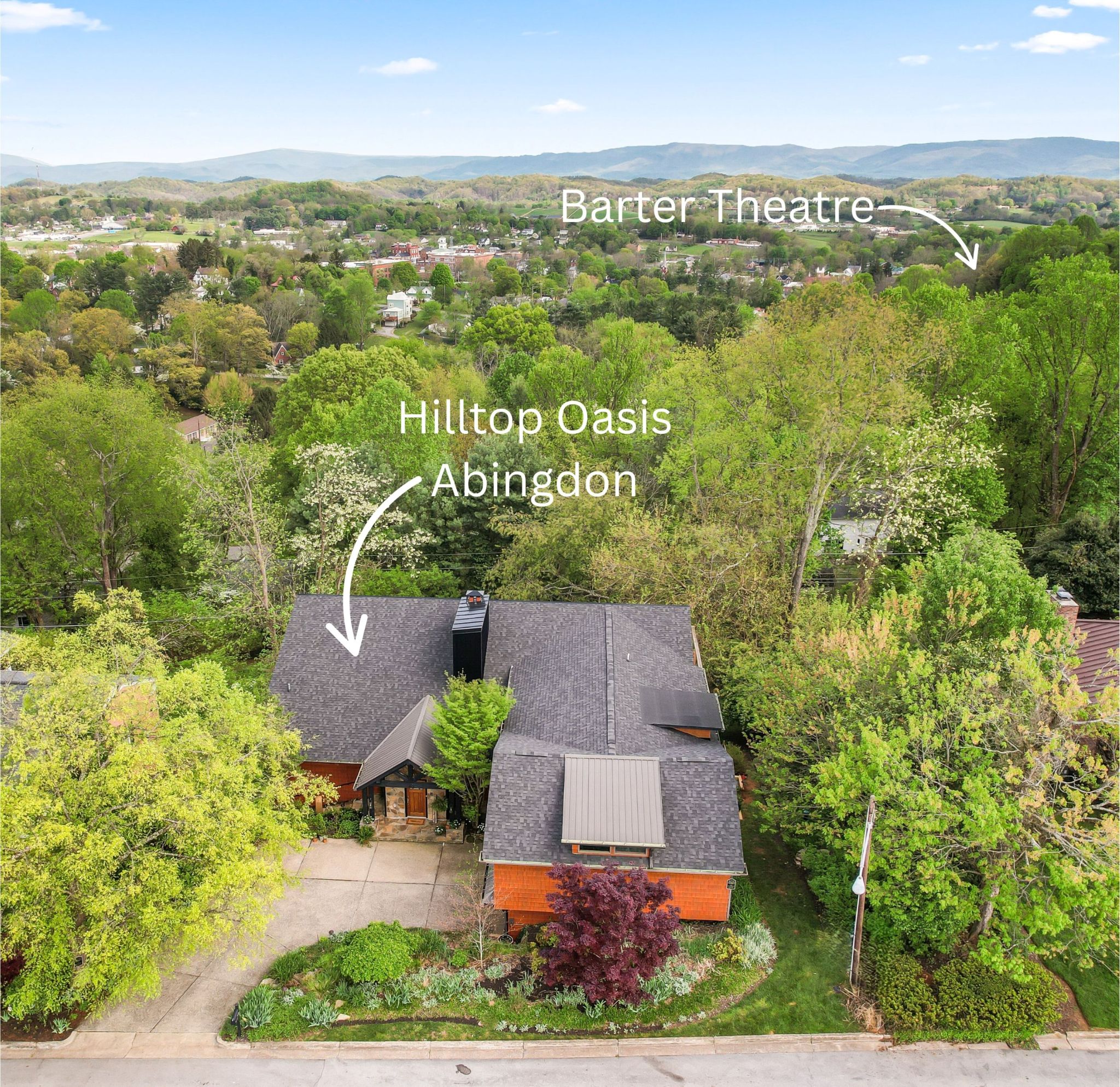 A world away - yet right in town - Hilltop Oasis Abingdon offer a private wooded escape just 1 mile from Barter Theatre and the Creeper Trail. Relax by the 7,000-gallon koi pond at this thoughtfully designed retreat.