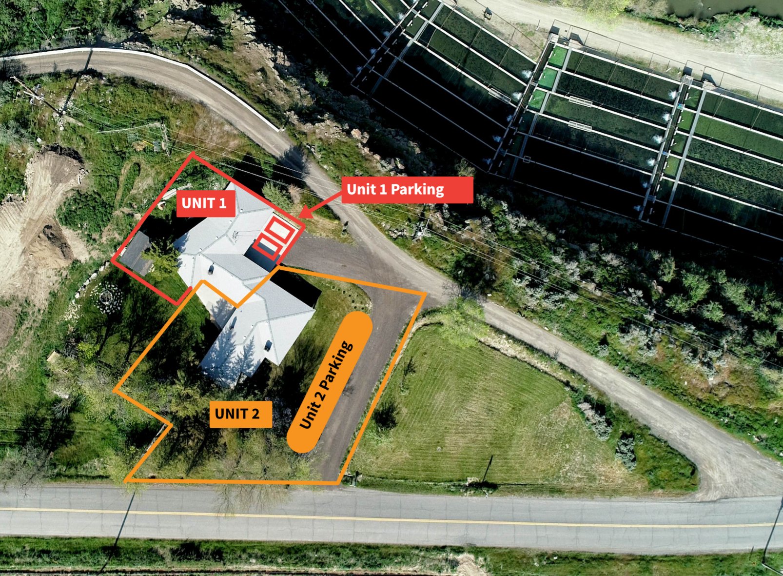 Property layout and parking — Unit 1 and Unit 2 entrances marked for easy arrival